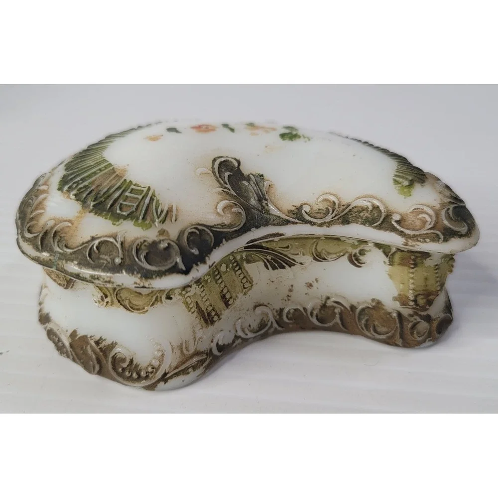 Antique Milk Glass Hand Painted Paisley Shaped Trinket Box w/‎ Lid RARE